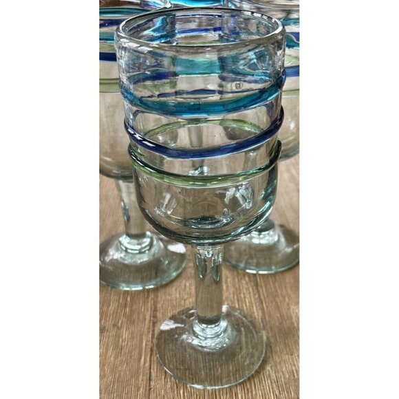 Lot Of 4 Pier 1 Blown Glass Water Goblets Raised Rings Bubbles Blue Vintage - Picture 3 of 4